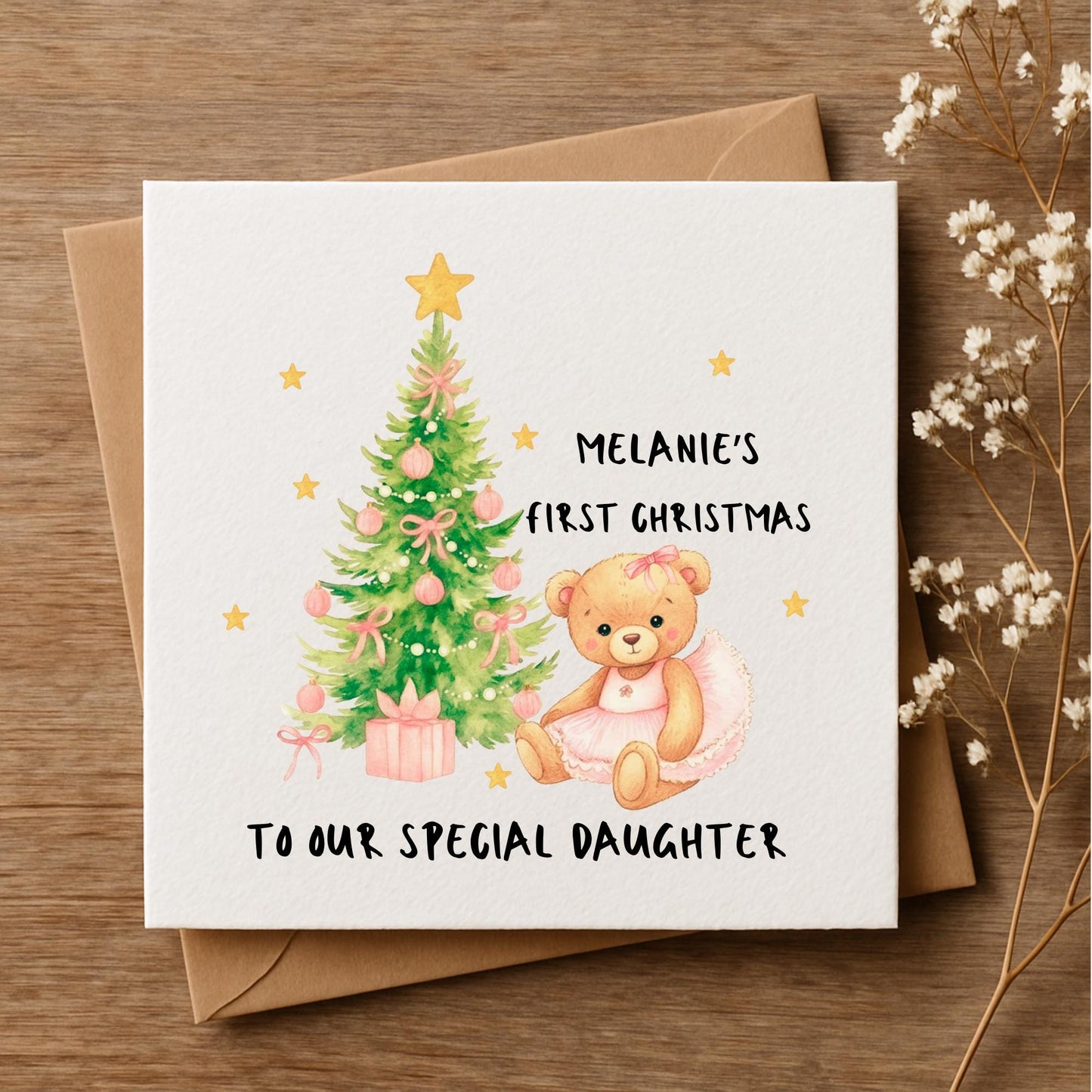 Personalised First Christmas Card • Custom Name Baby Girl Card • Teddy & Tree Design • 5x5 6x6 5x7 • New Baby Xmas Card • Handmade 300gsm