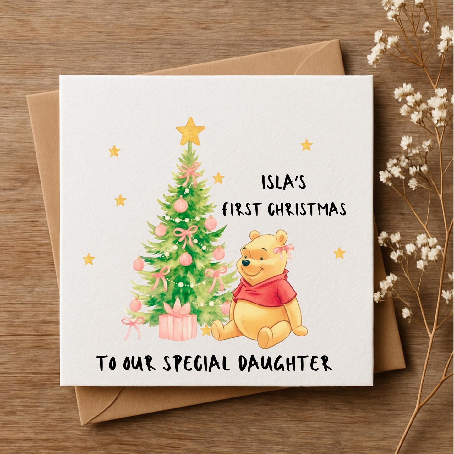 Personalised First Christmas Card • Custom Name Baby Girl Card • Pooh Inspired Design • 5x5 6x6 5x7 • Special Daughter Xmas Card