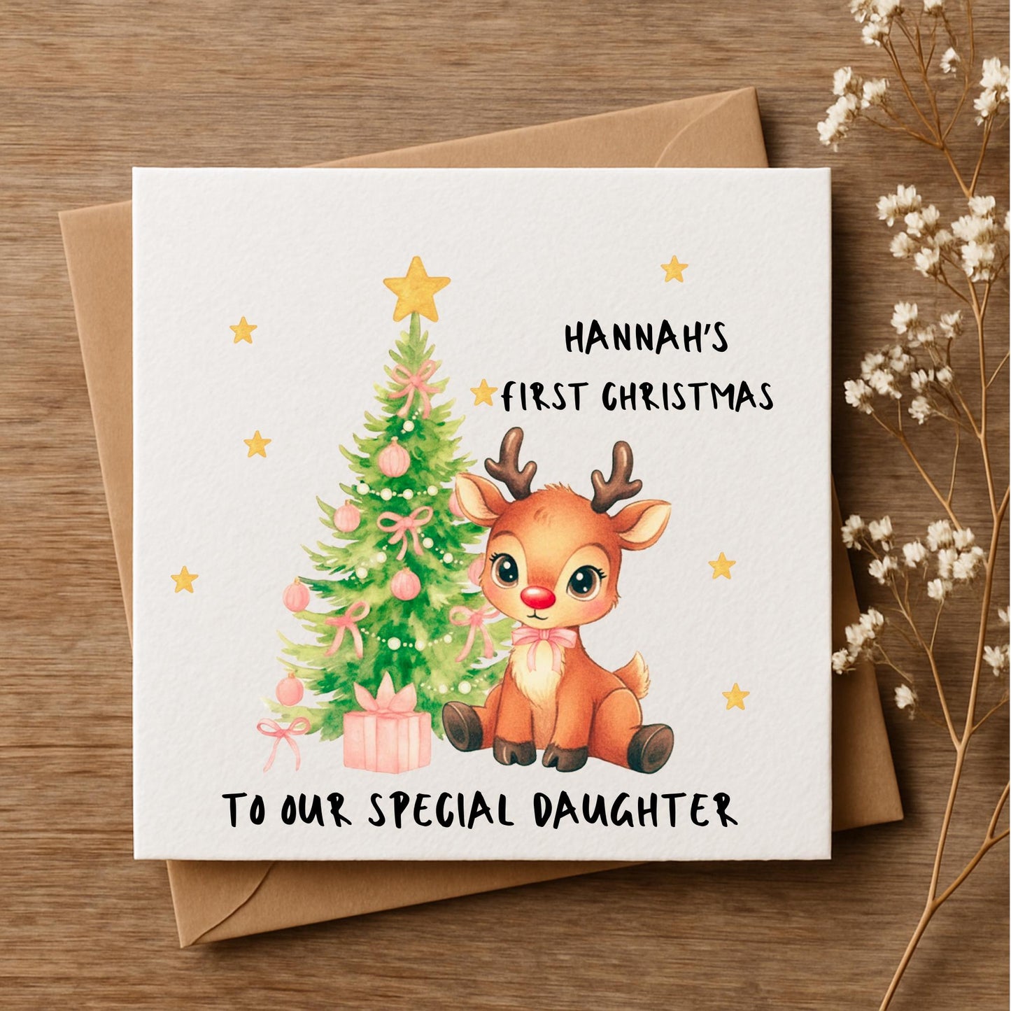 Personalised Reindeer First Christmas Card • Custom Name & Message • Baby’s First Xmas Card • Daughter Son Keepsake • Cute Christmas Card