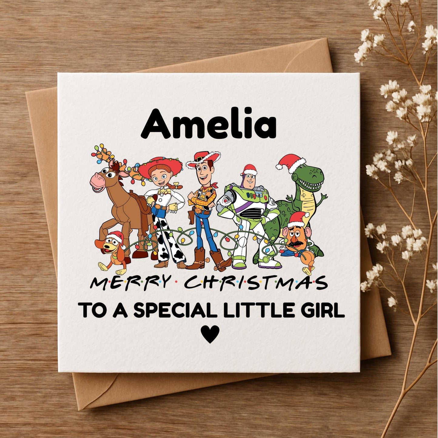 Personalised Toy Story Christmas Card • Custom Name Kids Xmas Card • Woody Buzz Jessie • Handmade Hammered Card • Special Little Girl