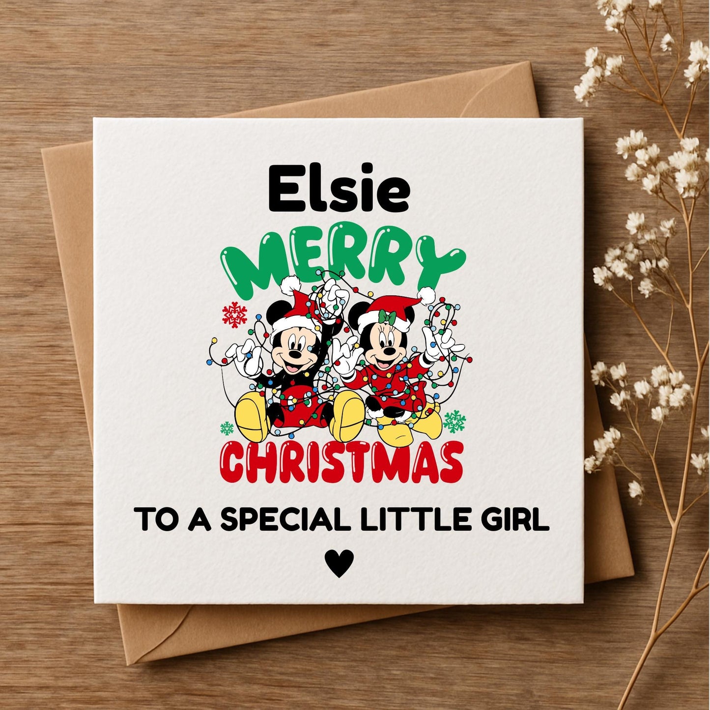 Personalised Disney Inspired Christmas Card • Custom Name Kids Xmas Card • Mickey Minnie Style • 5x5 6x6 5x7 Card • Special Little Girl