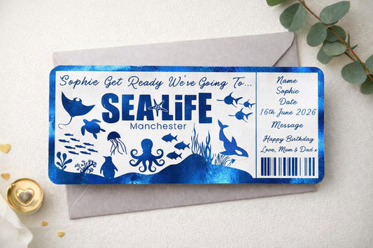 Personalised Aquarium Experience Ticket – Custom Foiled Day Out Reveal Card – Sea Life Trip Surprise for Children