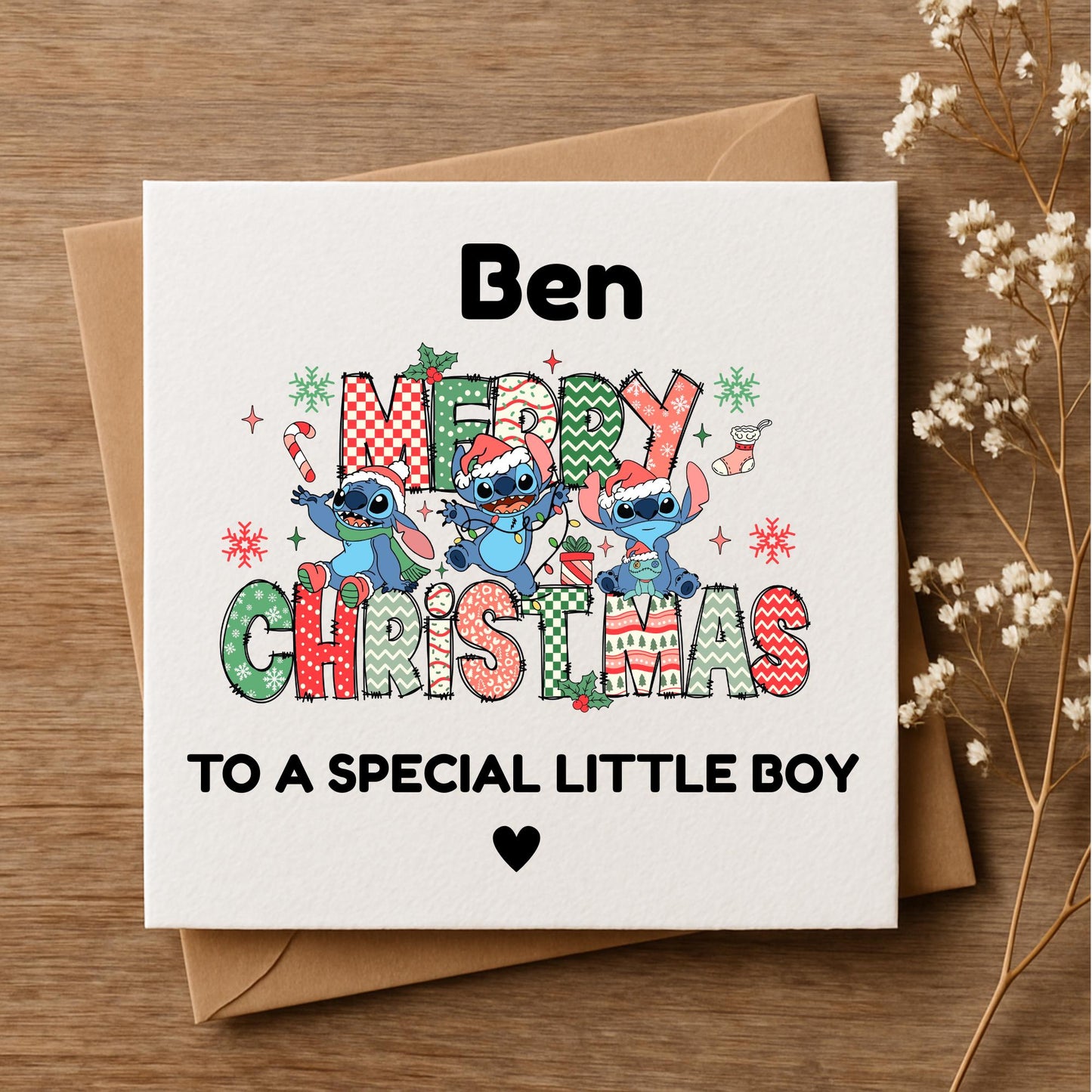 Personalised Stitch Christmas Card • Custom Name Kids Xmas Card • Cute Disney Style • 5x5 6x6 5x7 Hammered Card • Special Little Boy •