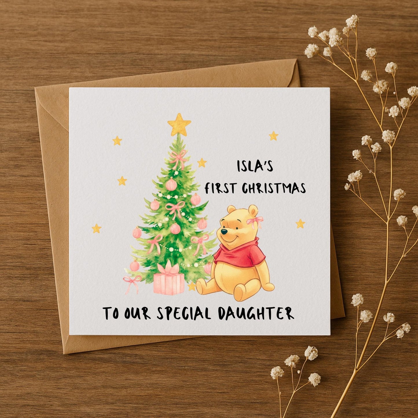 Personalised First Christmas Card • Custom Name Baby Girl Card • Pooh Inspired Design • 5x5 6x6 5x7 • Special Daughter Xmas Card