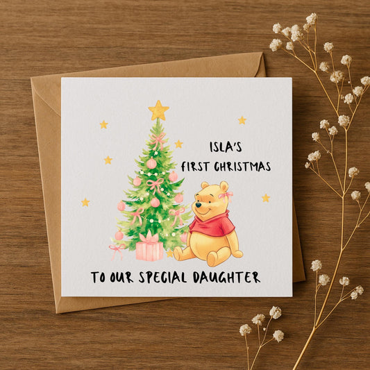 Personalised First Christmas Card • Custom Name Baby Girl Card • Pooh Inspired Design • 5x5 6x6 5x7 • Special Daughter Xmas Card