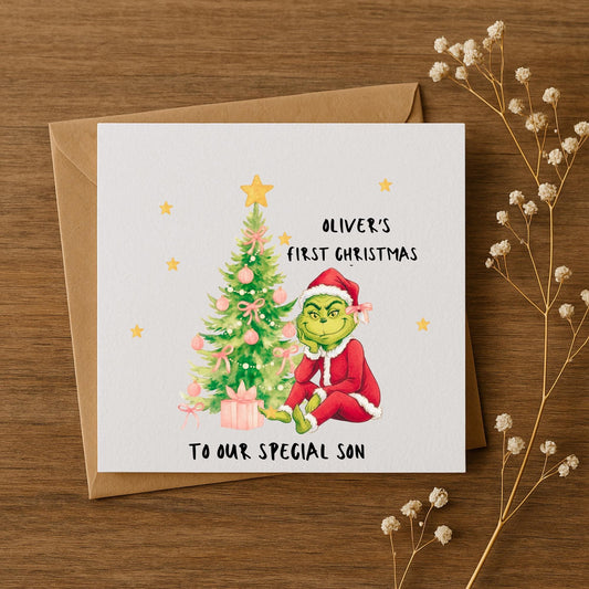 Personalised Grinch Inspired First Christmas Card • Custom Name & Message • Baby’s First Xmas • Son Daughter Keepsake • Cute Holiday Card