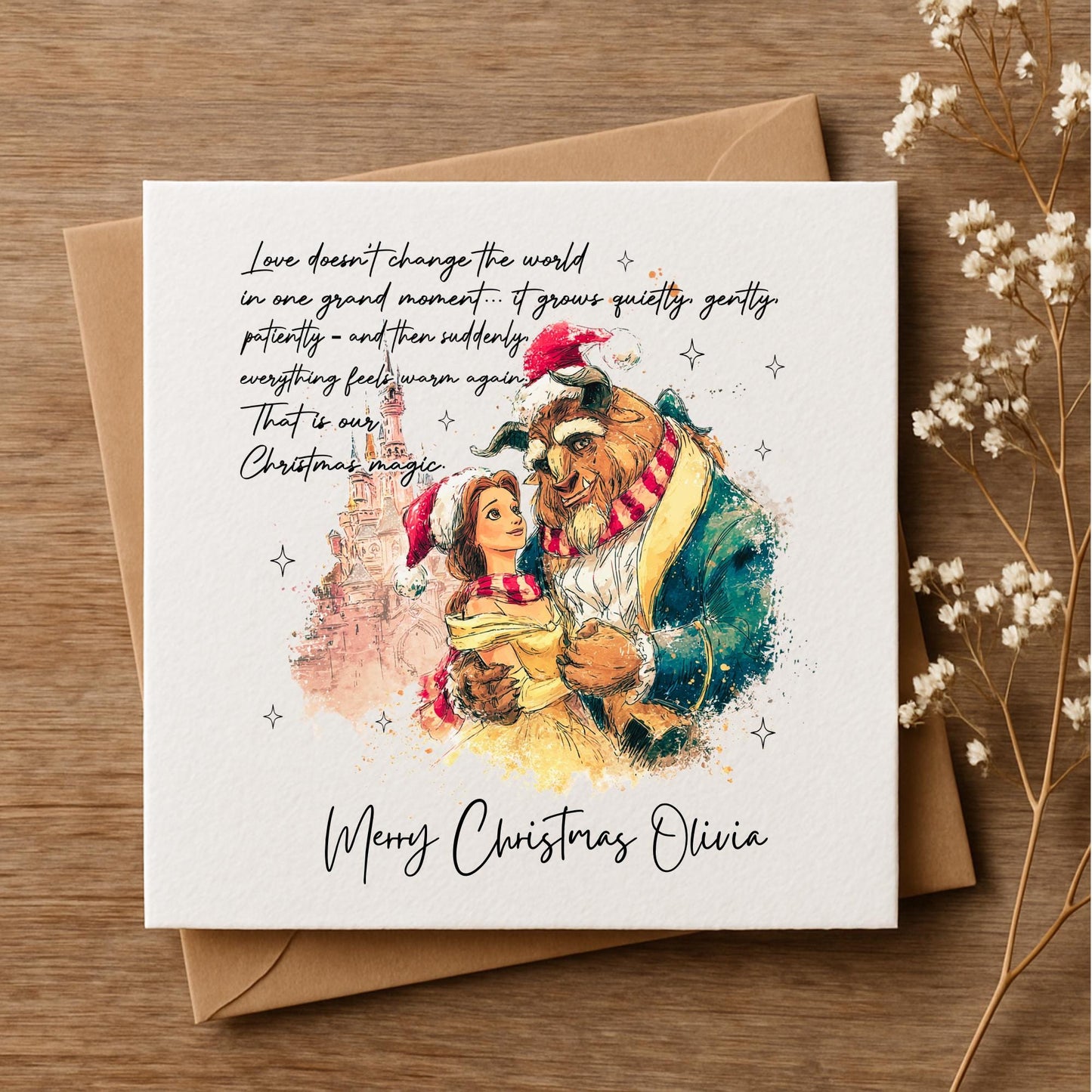 Beauty & The Beast Inspired Christmas Card • Personalised Watercolour Xmas Card • Custom Name • Magical Disney Style Illustration