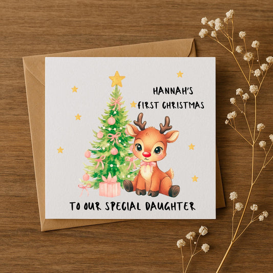 Personalised Reindeer First Christmas Card • Custom Name & Message • Baby’s First Xmas Card • Daughter Son Keepsake • Cute Christmas Card
