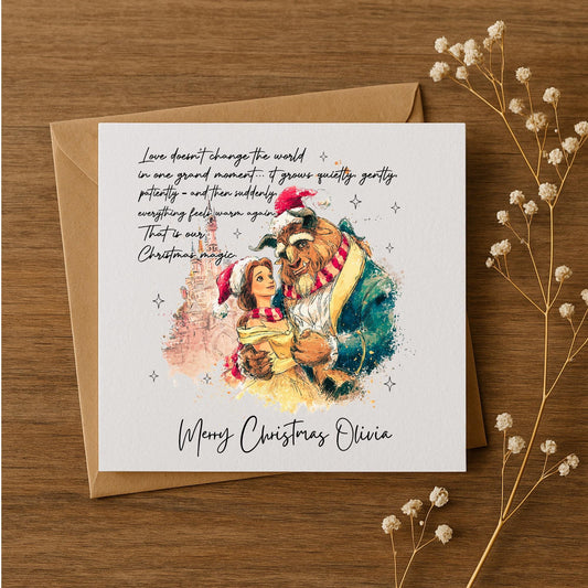 Beauty & The Beast Inspired Christmas Card • Personalised Watercolour Xmas Card • Custom Name • Magical Disney Style Illustration