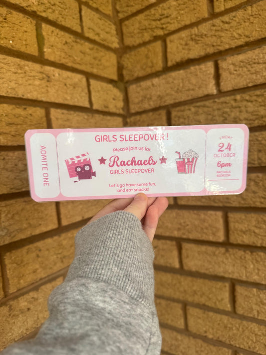Girls Sleepover Invitation, Movie Night Ticket Invite, Pink Party Invitation, Teen or Tween Sleepover Party, Printable or Handmade Invite