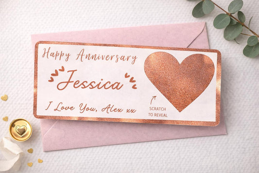 Personalised Scratch Off Anniversary Card – Custom Foiled Love Ticket – Romantic Scratch Reveal Gift for Him or Her