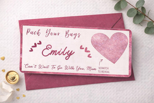 Personalised Scratch Off Travel Reveal Card – Pack Your Bags Surprise Ticket – Foiled Holiday Gift Card for Her or Him