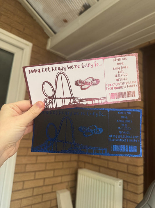 Custom Foil Theme Park Ticket • Personalised Surprise Day Out Reveal • Thorpe Park Gift Ticket • Any Park • Any Foil Colour • Keepsake Card