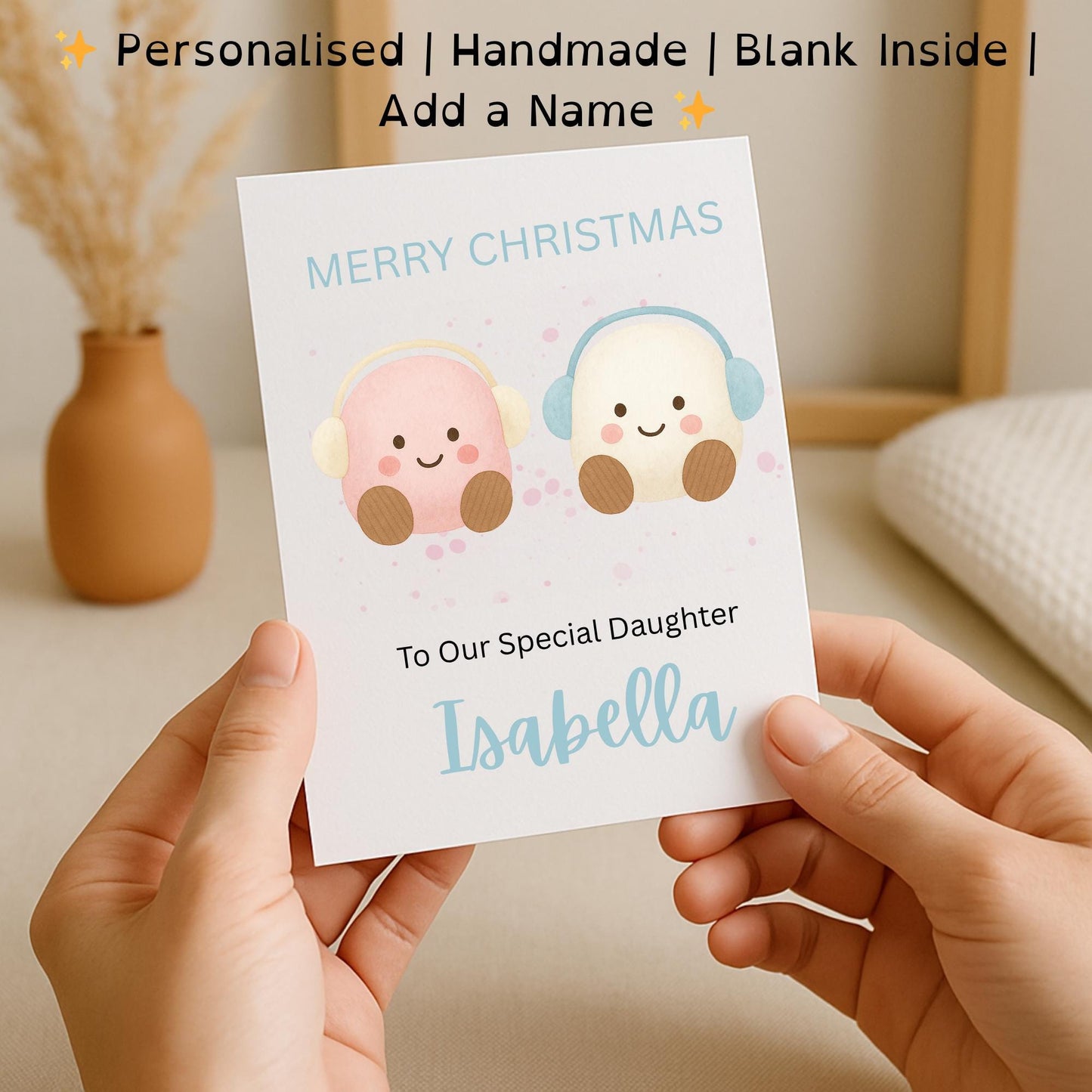 Personalised Christmas Card for Daughter, Cute Jellycat Inspired Card, Handmade Xmas Card, Kawaii Christmas Card, Kids Holiday Card