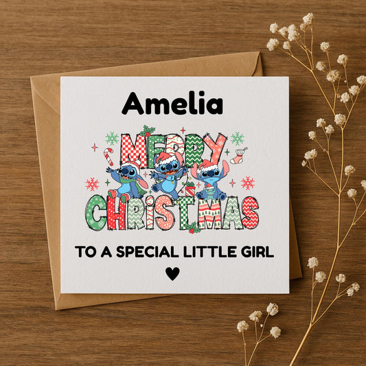 Personalised Stitch Christmas Card • Custom Name Kids Xmas Card • Cute Disney Style • 5x5 6x6 5x7 Hammered Card • Special Little Girl •