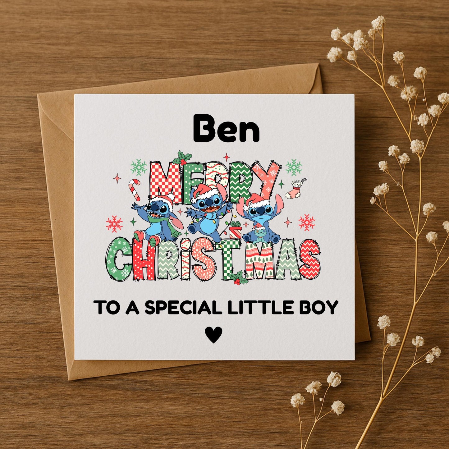 Personalised Stitch Christmas Card • Custom Name Kids Xmas Card • Cute Disney Style • 5x5 6x6 5x7 Hammered Card • Special Little Boy •