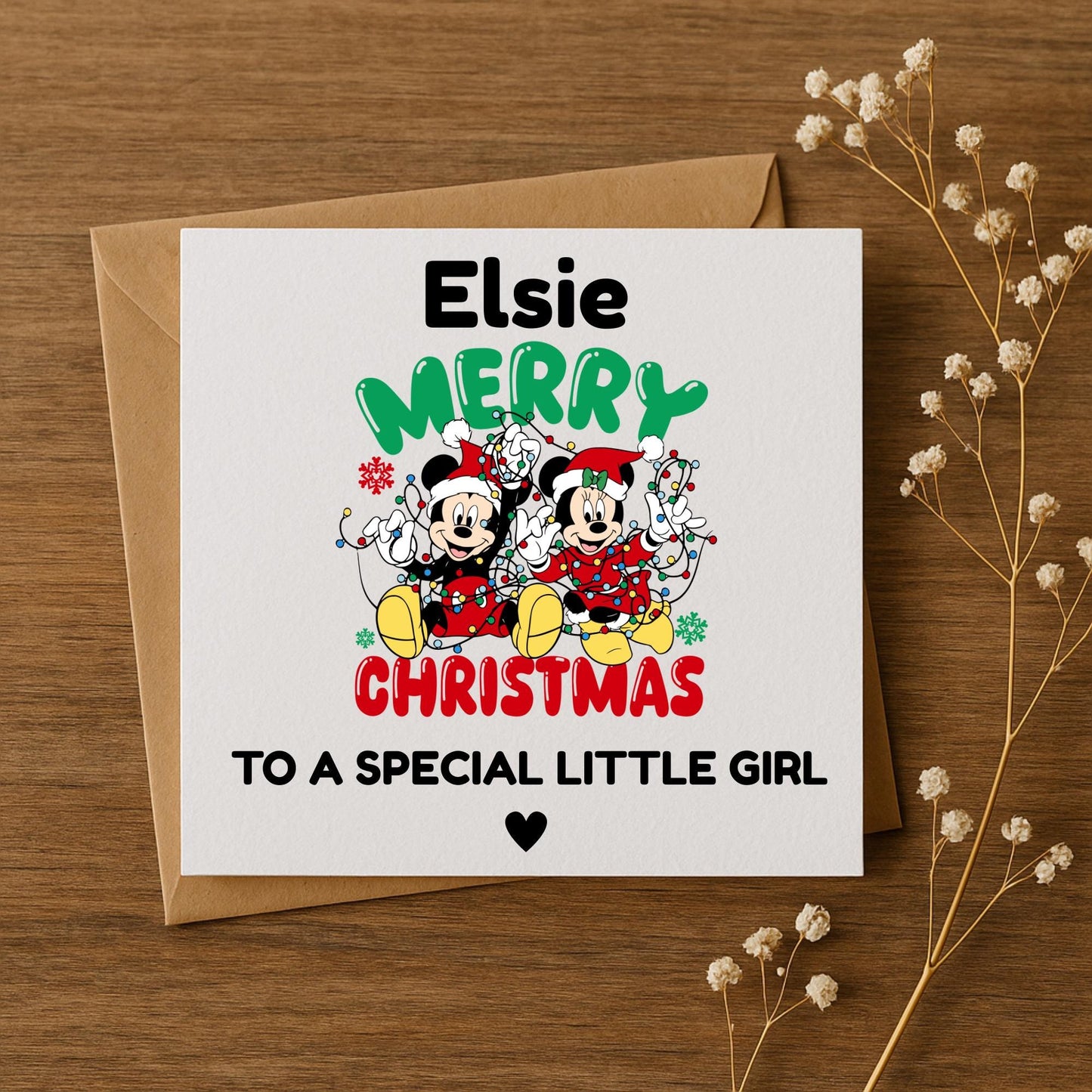 Personalised Disney Inspired Christmas Card • Custom Name Kids Xmas Card • Mickey Minnie Style • 5x5 6x6 5x7 Card • Special Little Girl