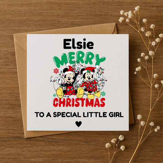 Personalised Disney Inspired Christmas Card • Custom Name Kids Xmas Card • Mickey Minnie Style • 5x5 6x6 5x7 Card • Special Little Girl