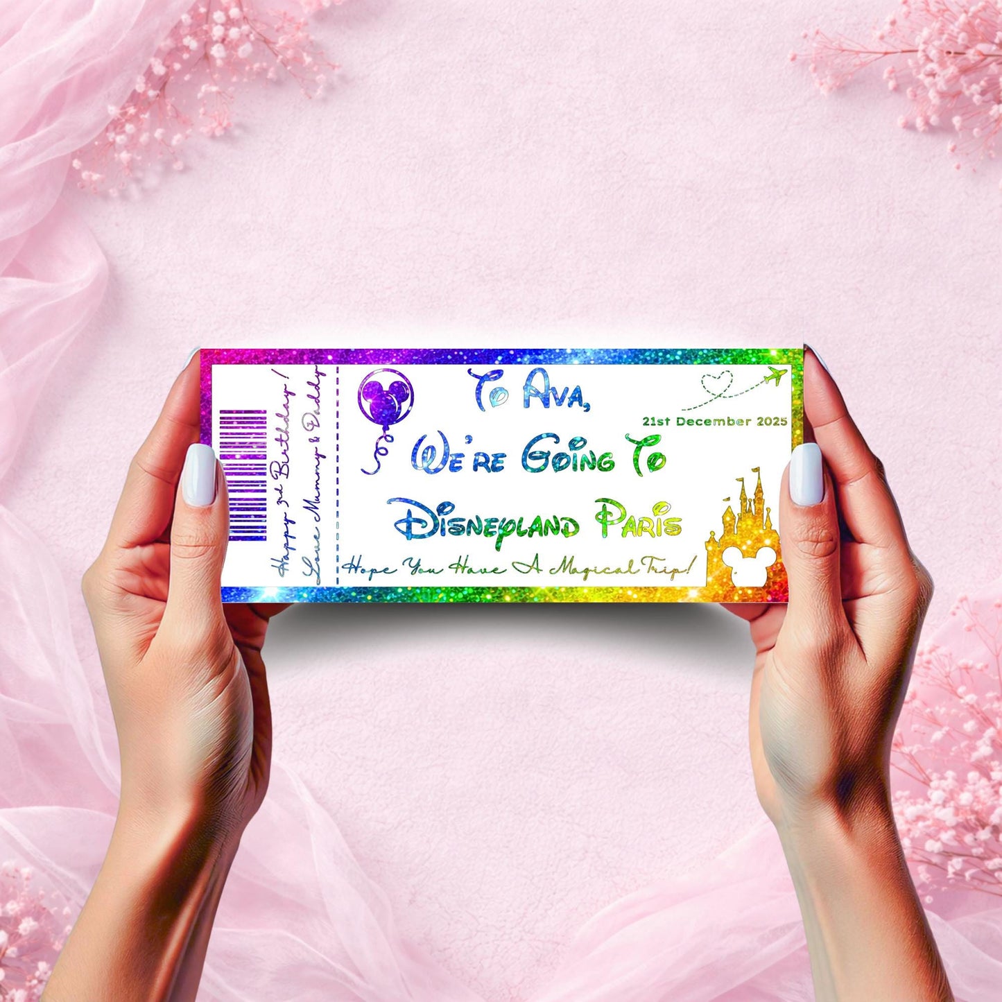 Personalised Disney-Inspired Foil Ticket | Custom Magical Surprise Ticket for Any Event | Glitter Effect Print for Birthdays, Trips & More!