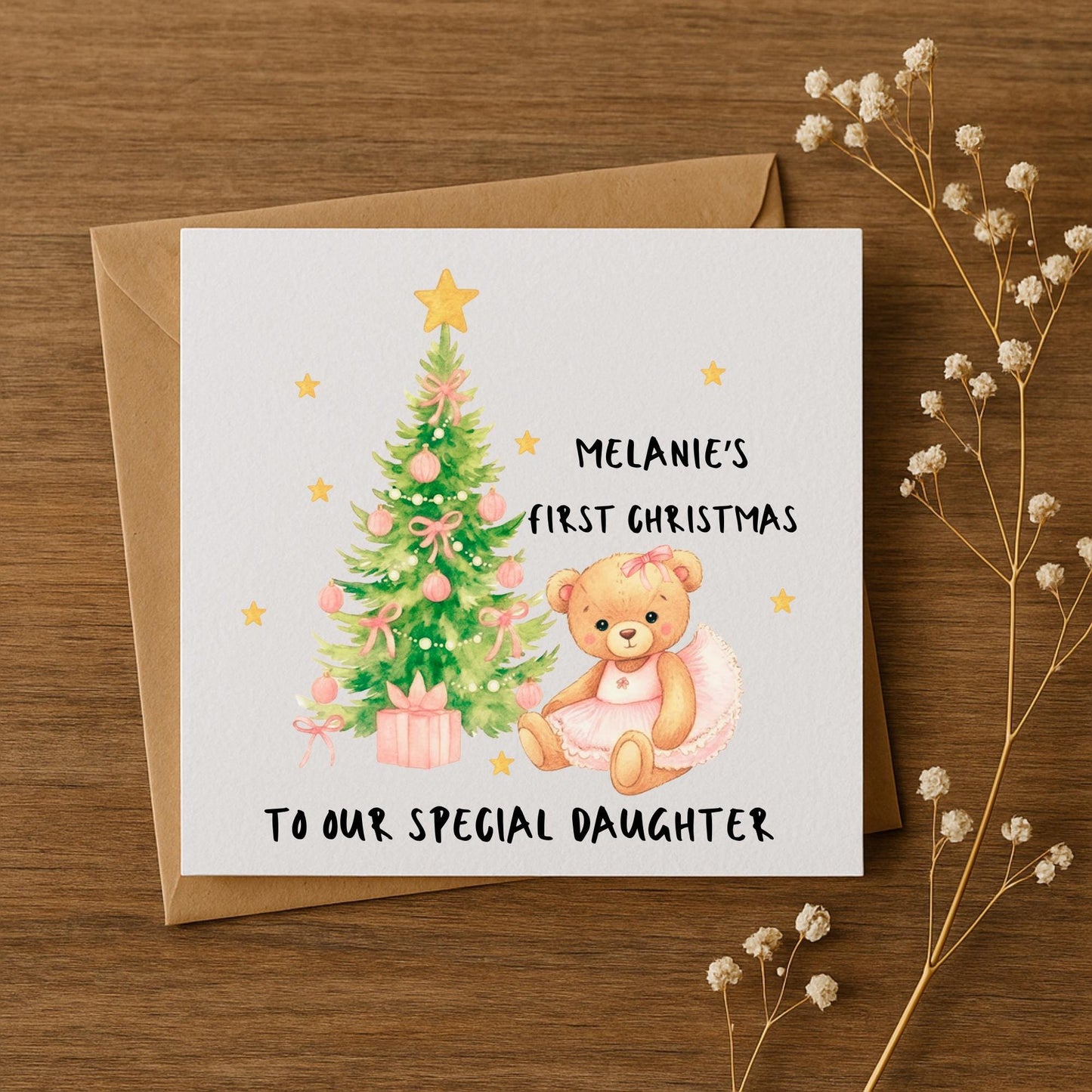 Personalised First Christmas Card • Custom Name Baby Girl Card • Teddy & Tree Design • 5x5 6x6 5x7 • New Baby Xmas Card • Handmade 300gsm
