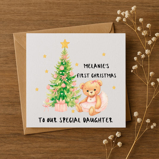 Personalised First Christmas Card • Custom Name Baby Girl Card • Teddy & Tree Design • 5x5 6x6 5x7 • New Baby Xmas Card • Handmade 300gsm