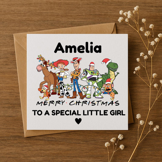 Personalised Toy Story Christmas Card • Custom Name Kids Xmas Card • Woody Buzz Jessie  • Handmade Hammered Card • Special Little Girl