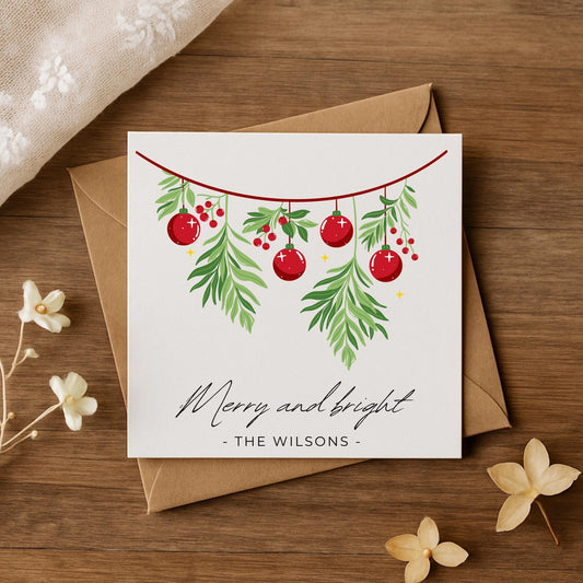 Personalised Merry and Bright Christmas Card – 6x6 Hammered Card | Modern Red Bauble & Greenery Design | Family Holiday Greeting | Handmade