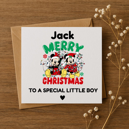 Personalised Disney Inspired Christmas Card • Custom Name Kids Xmas Card • Mickey Minnie Style • 5x5 6x6 5x7 Card • Special Little Boy
