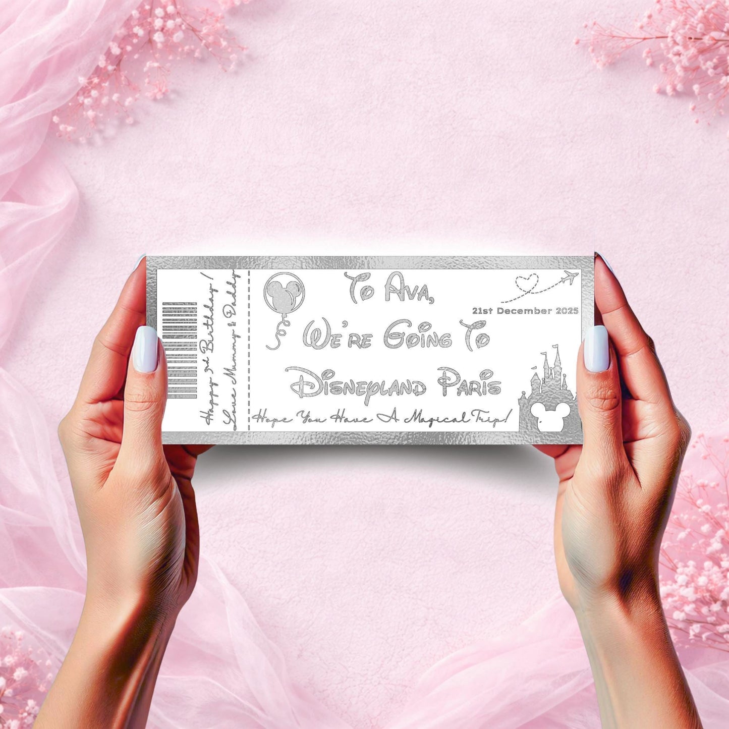 Personalised Disney-Inspired Foil Ticket | Custom Magical Surprise Ticket for Any Event | Glitter Effect Print for Birthdays, Trips & More!