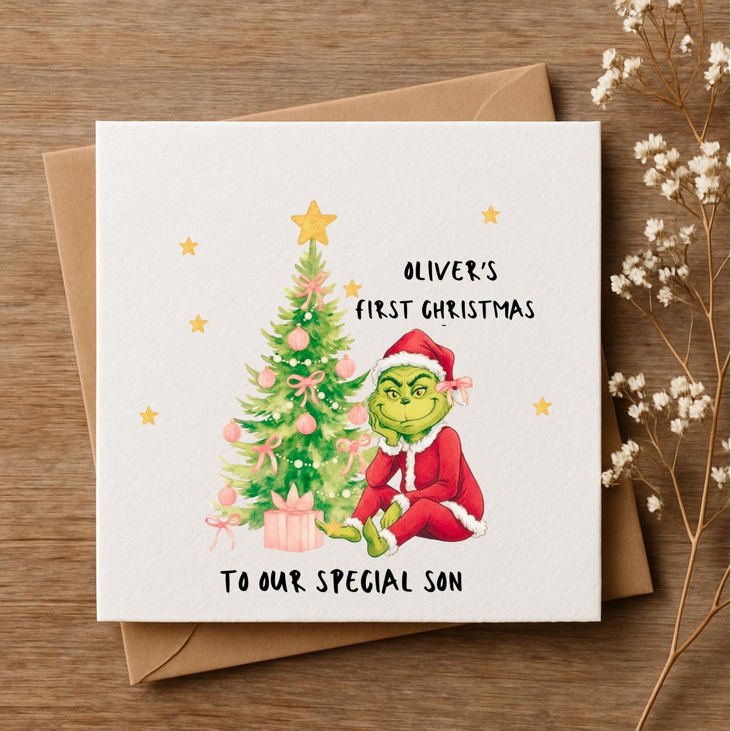 Personalised Grinch Inspired First Christmas Card • Custom Name & Message • Baby’s First Xmas • Son Daughter Keepsake • Cute Holiday Card