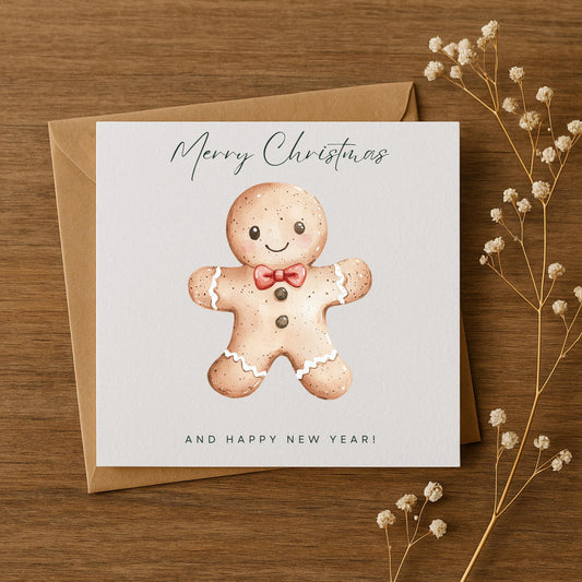 Gingerbread Man Christmas Card | Handmade 6x6 Hammered Card | Cute Festive Cookie Design | Merry Christmas & Happy New Year | Eco Friendly