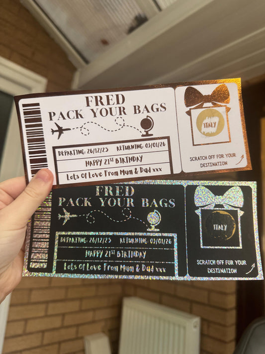 Custom Foil Travel Reveal Ticket • Scratch-Off Destination Gift • Pack Your Bags Card • Holiday Surprise • Birthday Trip Reveal