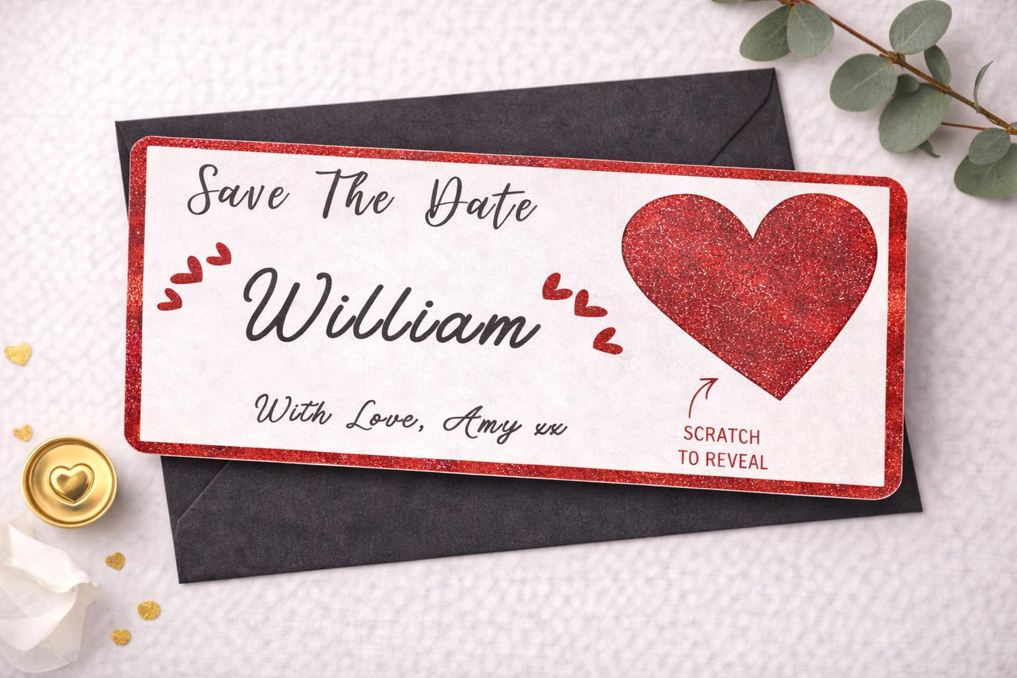 Save The Date Scratch Off Card – Personalised Foiled Wedding Announcement Ticket – Scratch Reveal Engagement Card