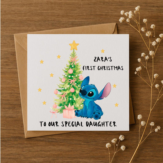 Stitch Inspired First Christmas Card • Personalised Baby Christmas Card • Custom Name & Text • 5x7 5x5 6x6 Cute Xmas Card • Daughter Son