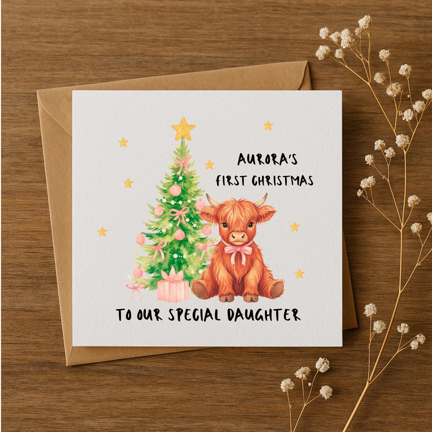 Personalised Baby’s First Christmas Card – Highland Cow Christmas Card – Custom Name & Message – Daughter Son Grandchild – 5x5 6x6 5x7