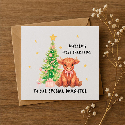 Personalised Baby’s First Christmas Card – Highland Cow Christmas Card – Custom Name & Message – Daughter Son Grandchild – 5x5 6x6 5x7