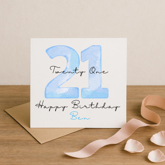 Blue 21st Birthday Card | Handmade Personalised 5x5 Hammered Card | Twenty One Card for Him | Watercolour 21st Birthday Card | Eco Friendly