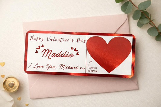 Personalised Scratch Off Valentine’s Card – Custom Foiled Love Ticket – Romantic Valentine Gift for Her or Him