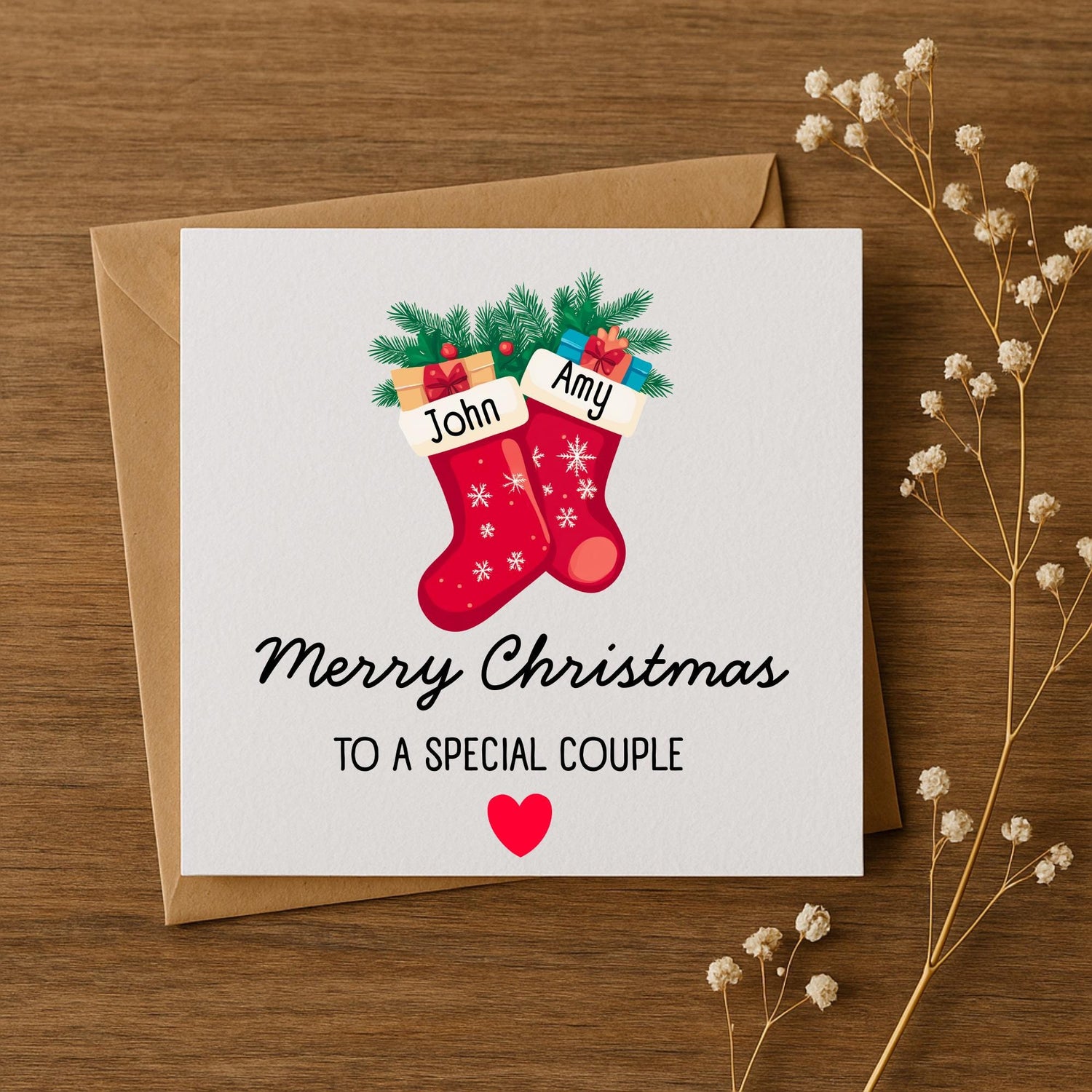 Personalised Christmas Card – Stockings Design – Custom Names – Couple, Family, Friends, Parents, Kids – 6x6, 5x5 or 5x7 Handmade Card