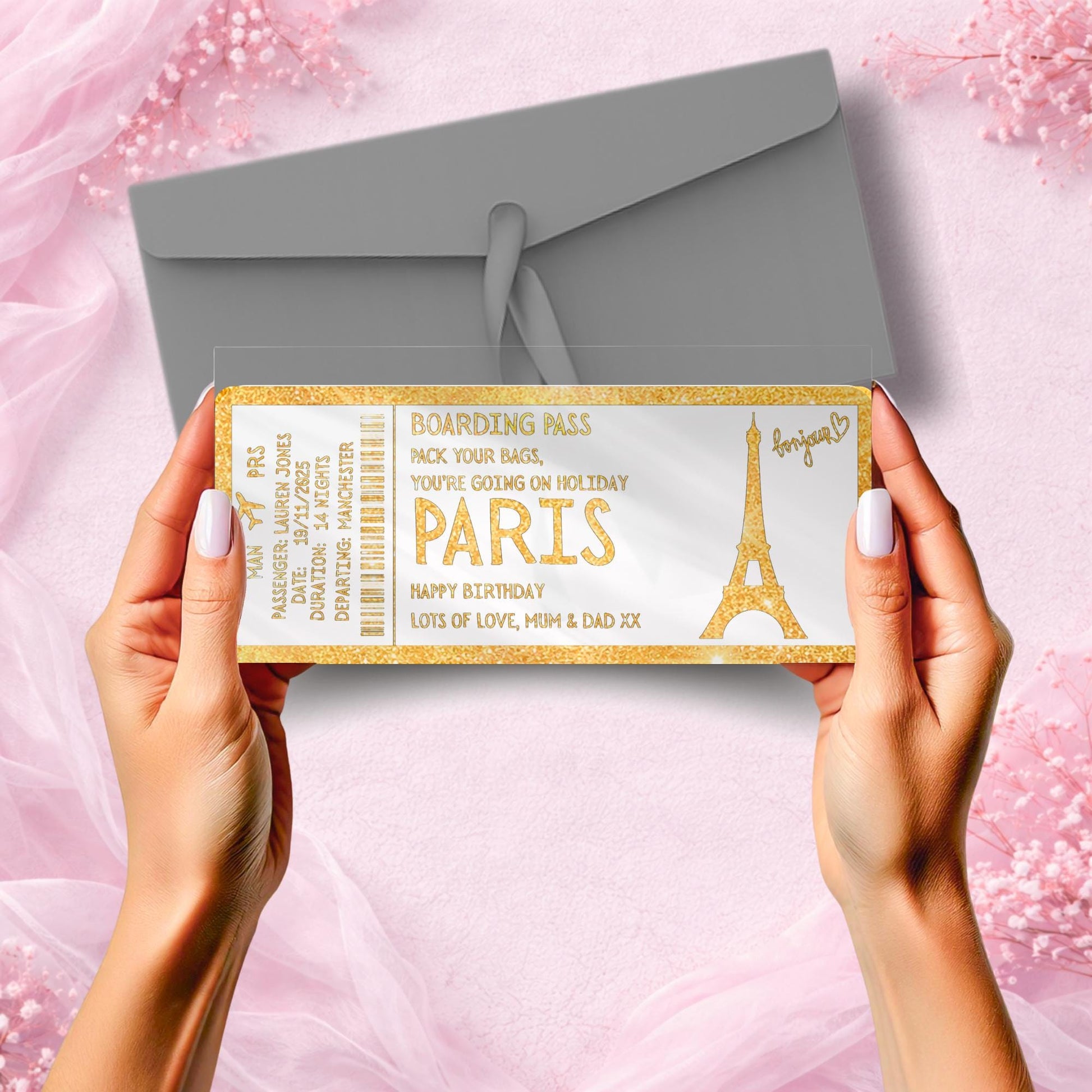 Custom Holiday Boarding Pass • Foiled Trip Reveal Ticket • Mallorca Surprise Gift • Personalised Travel Ticket • Christmas/Birthday Reveal