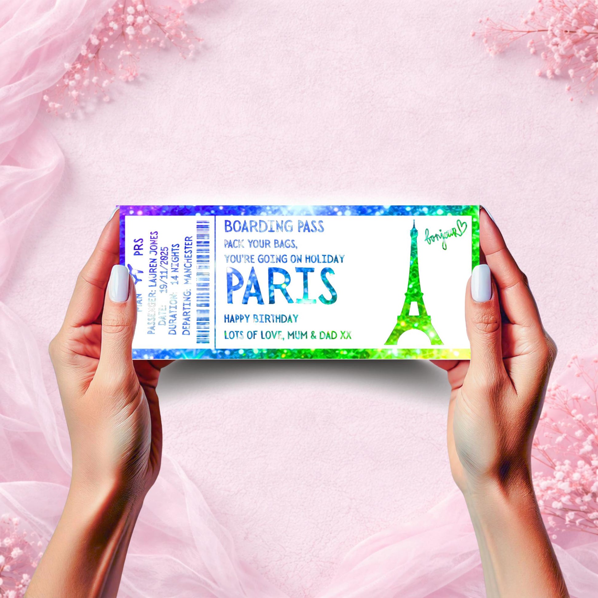 Custom Holiday Boarding Pass • Foiled Trip Reveal Ticket • Mallorca Surprise Gift • Personalised Travel Ticket • Christmas/Birthday Reveal