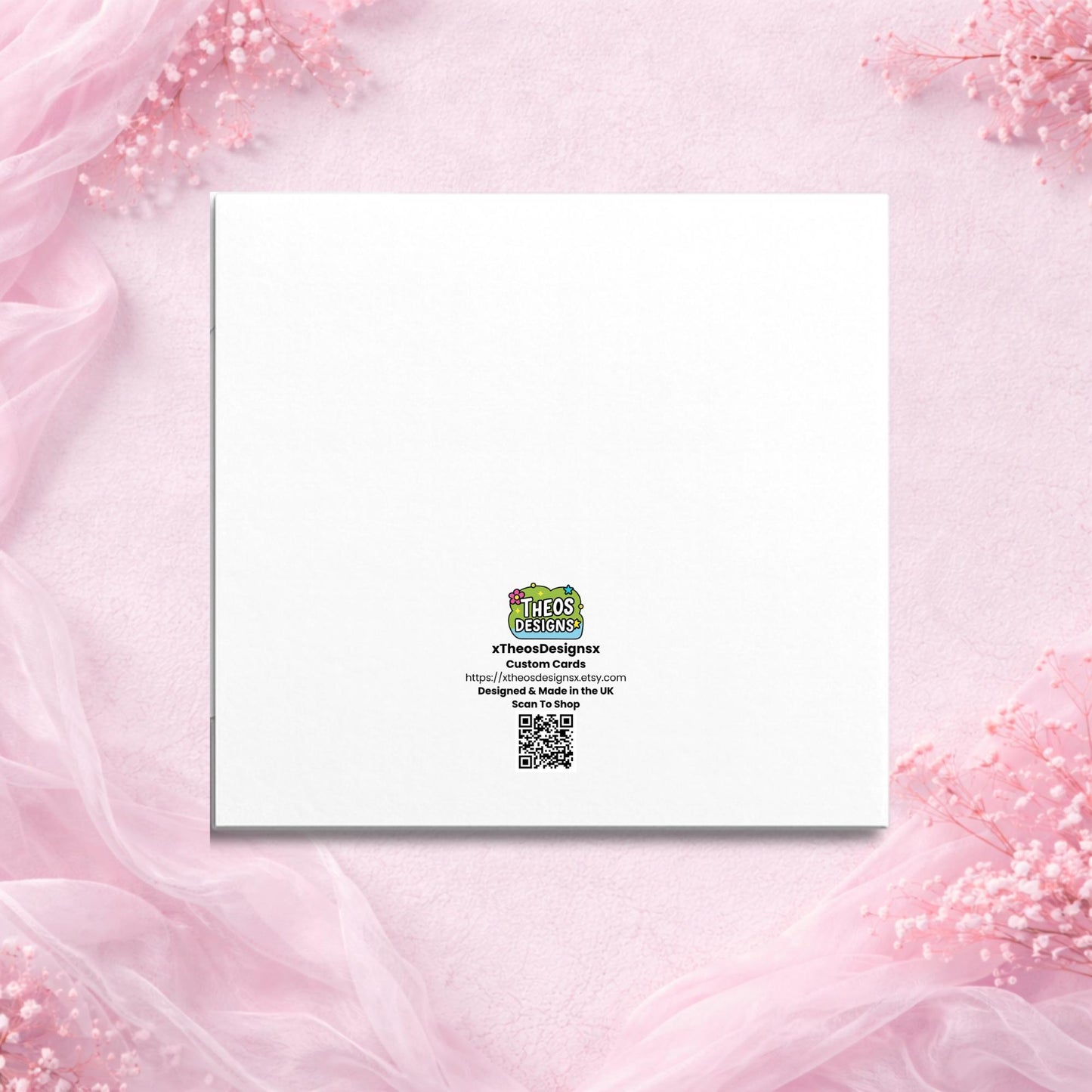 Back of handmade personalised Valentine’s Day card showing clean professional finish and thick premium cardstock. Custom physical greeting card made to order in small batches. Luxury Valentine card designed as a keepsake gift for couples and partners, created with attention to detail and high-quality materials.