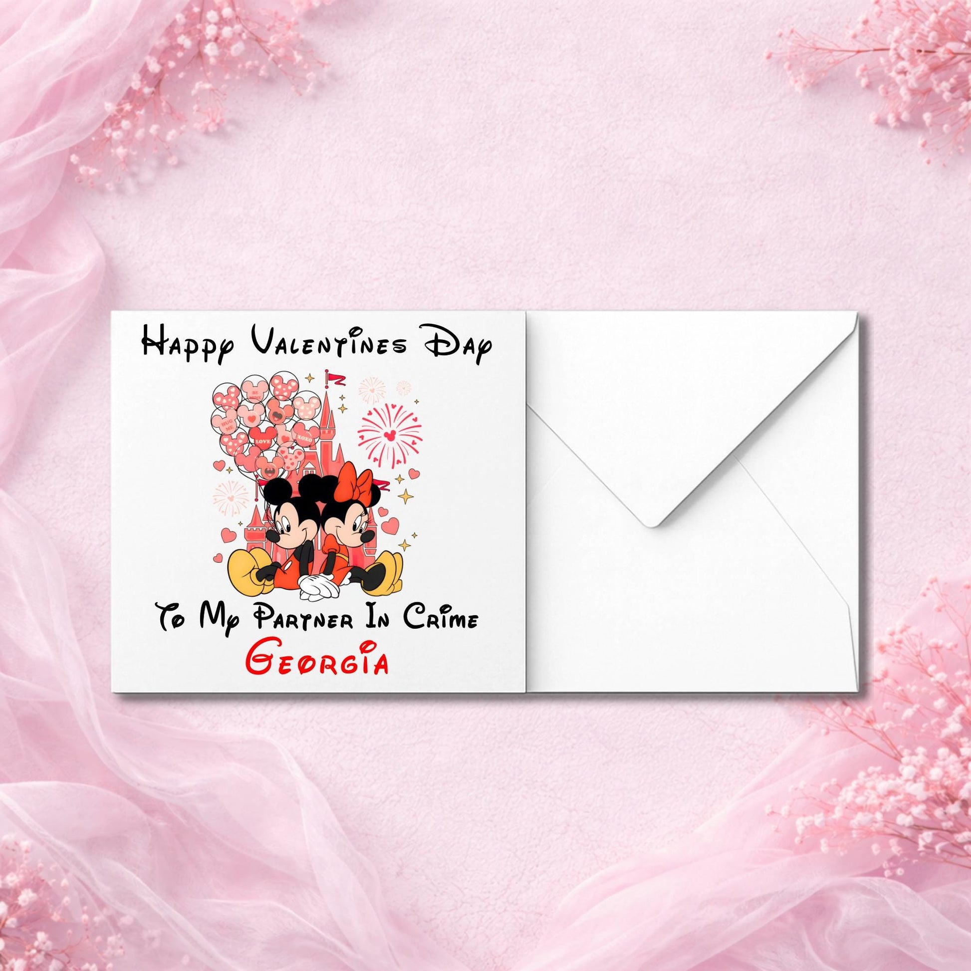 Handmade custom card displayed front-facing on smooth luxury cardstock, highlighting design detail and finish with a matching envelope.