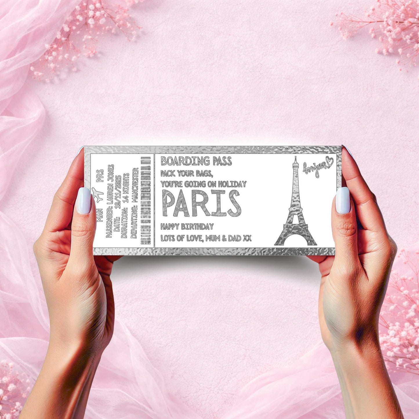 Custom Holiday Boarding Pass • Foiled Trip Reveal Ticket • Mallorca Surprise Gift • Personalised Travel Ticket • Christmas/Birthday Reveal