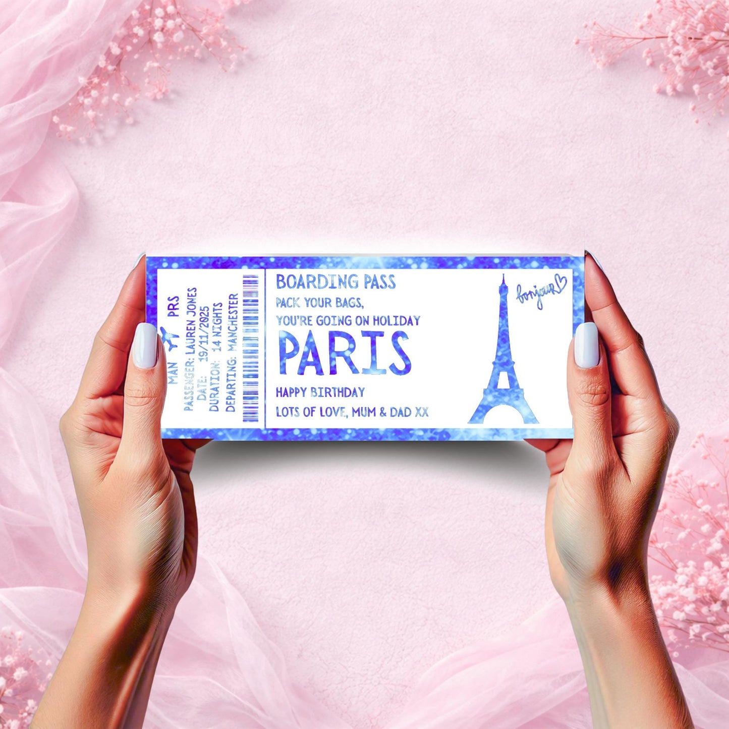 Custom Holiday Boarding Pass • Foiled Trip Reveal Ticket • Mallorca Surprise Gift • Personalised Travel Ticket • Christmas/Birthday Reveal