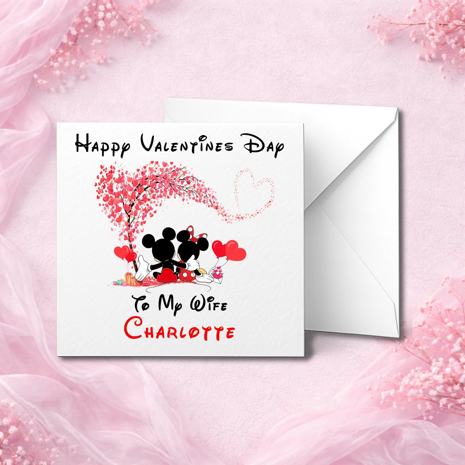 Custom greeting card photographed upright on luxury white cardstock with refined print detail, paired with a matching envelope.