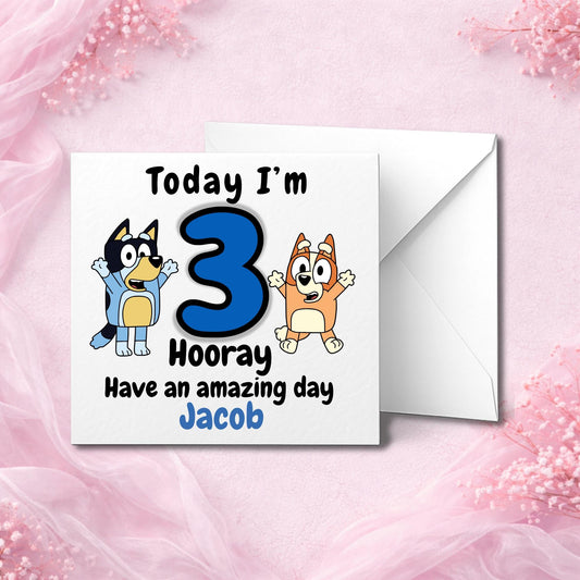 Personalised 3rd birthday card featuring Bluey-inspired cartoon pups and bold blue number 3