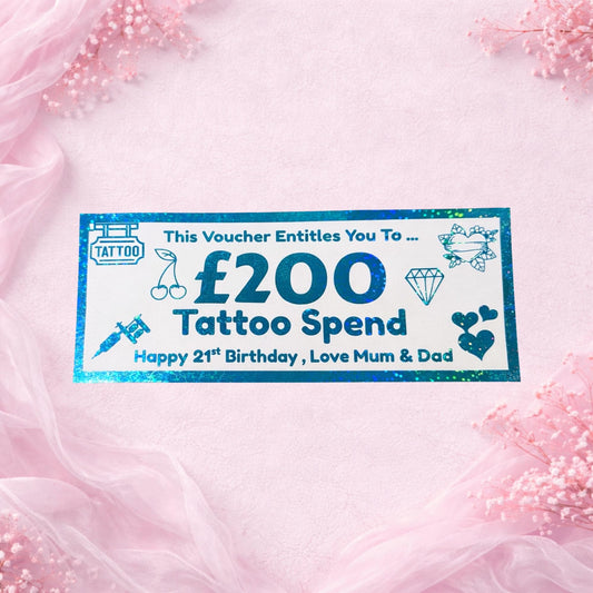 Personalised Tattoo Voucher Ticket 200 Gift, Custom Tattoo Gift Card, Birthday Tattoo Voucher Keepsake, Foil Tattoo Ticket Gift