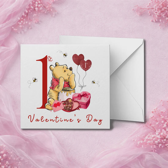 Baby’s 1st Valentine’s Day Card – Winnie Bear Inspired Card – First Valentine Keepsake – Baby Girl or Boy Gift – Cute Honey Pot & Bees