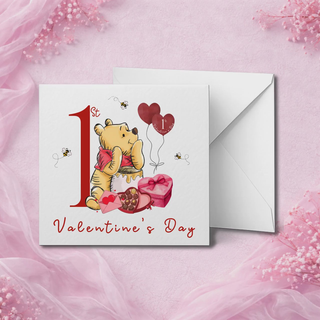 Baby’s 1st Valentine’s Day Card – Winnie Bear Inspired Card – First Valentine Keepsake – Baby Girl or Boy Gift – Cute Honey Pot & Bees